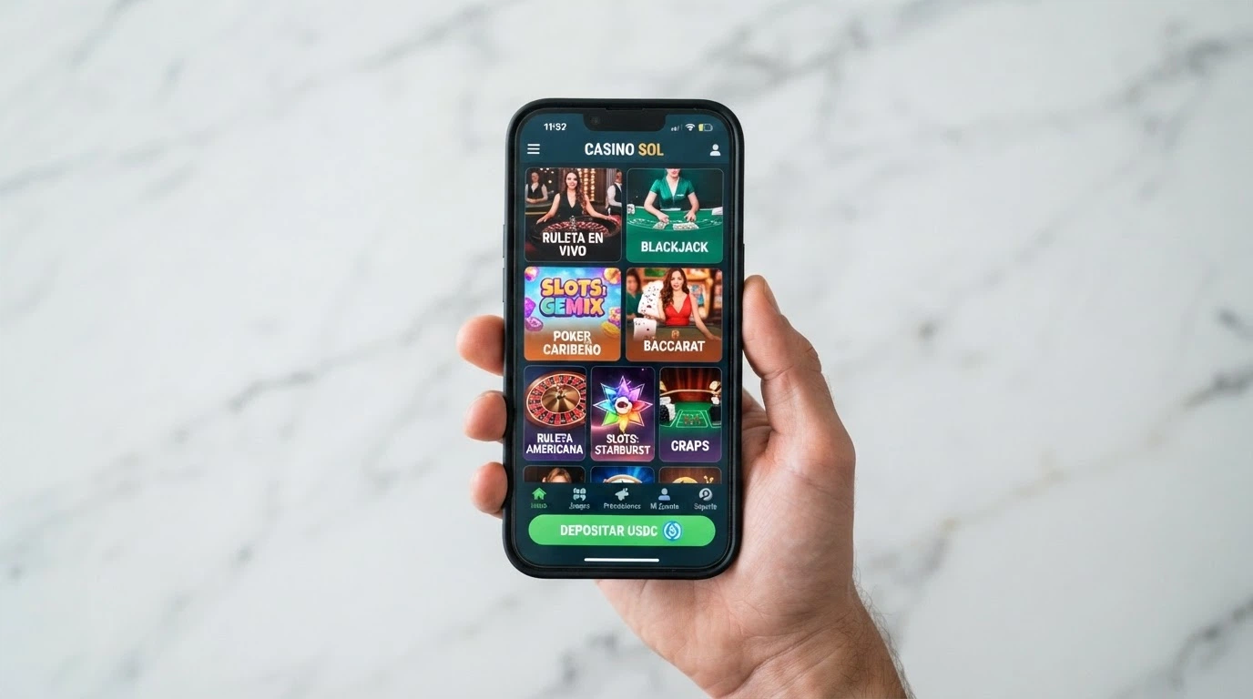Un teléfono móvil mostrando la versión web progresiva de un casino crypto con USDC, con el lobby de juegos y el botón de depósito visibles