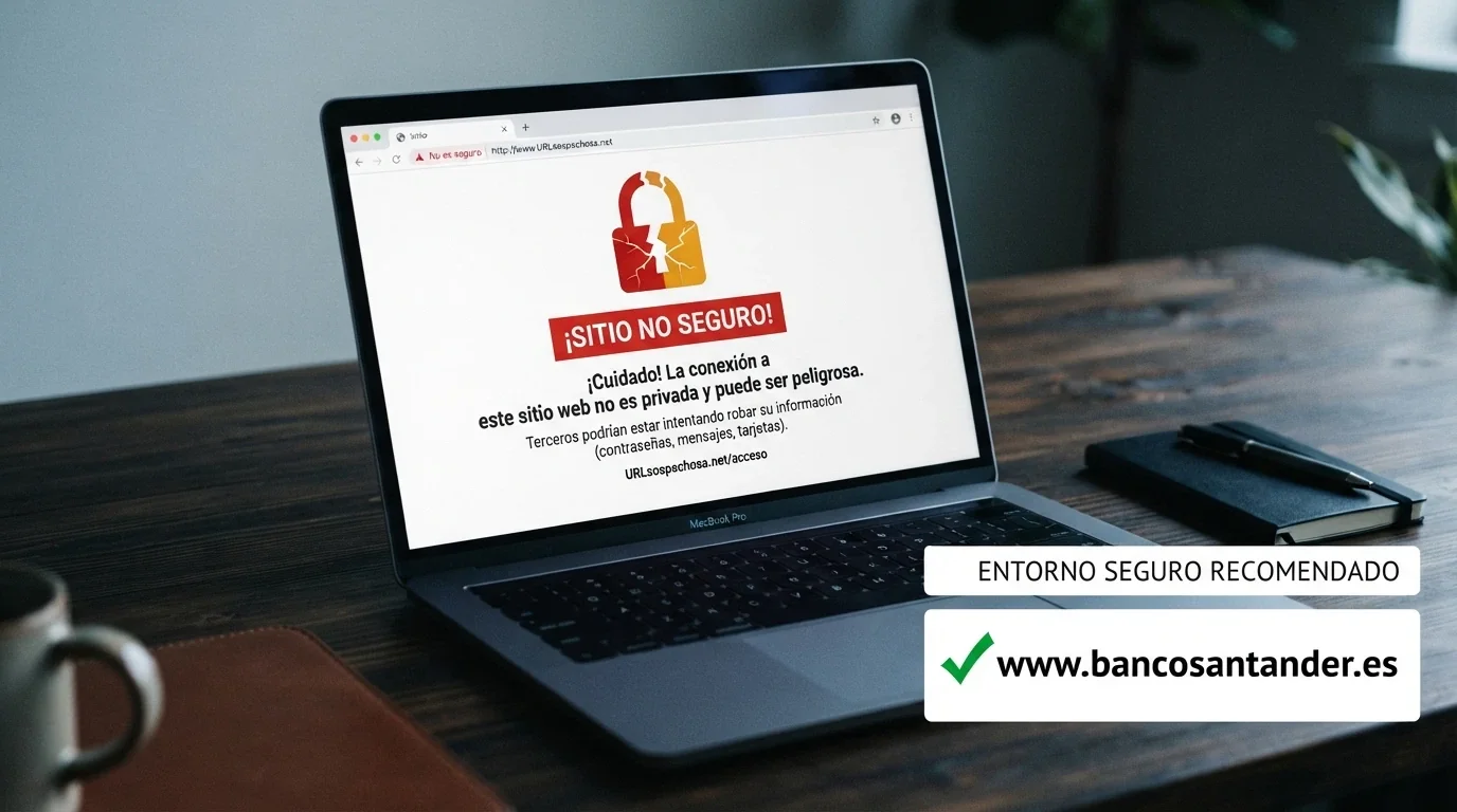 Pantalla de un casino online con advertencia de dominio no regulado y un candado roto en la barra del navegador, contrastado con el logo de la DGOJ