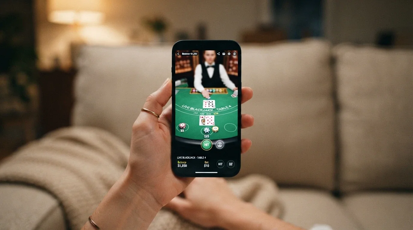 Mano sujetando un teléfono con una mesa de blackjack en vivo en la pantalla