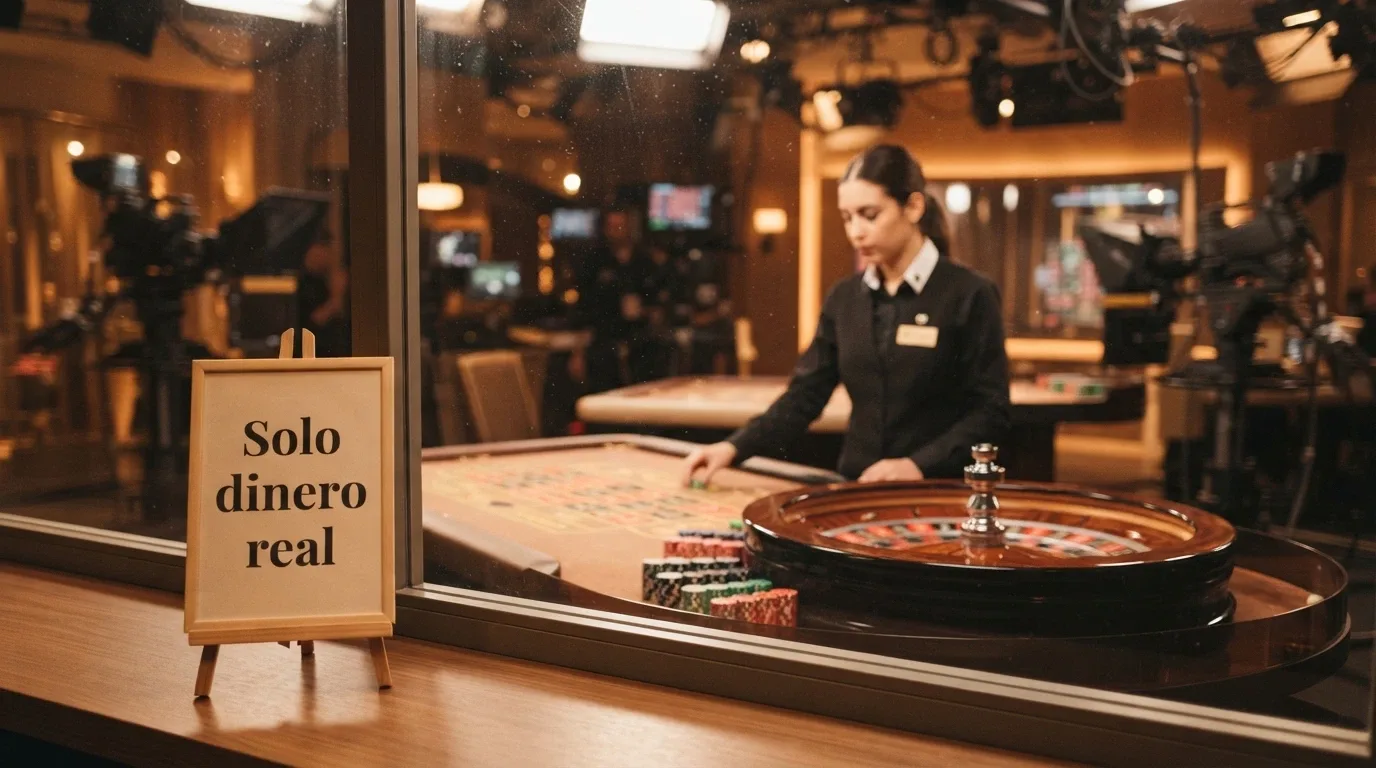 Cartel de «solo dinero real» sobre el fondo de un estudio de casino en vivo con mesa y crupier