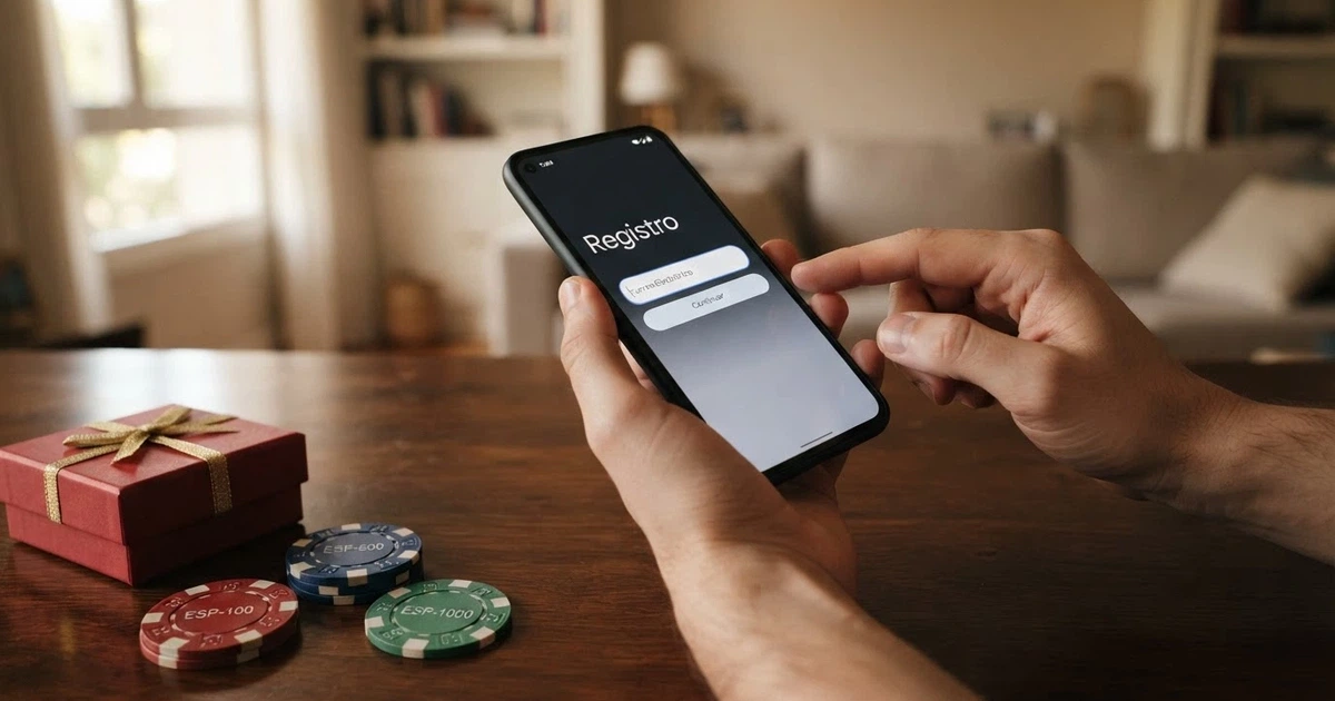 Manos sosteniendo un teléfono móvil con la pantalla mostrando el registro de un casino online español, fichas de casino y un icono de regalo con la palabra «Bono» en primer plano