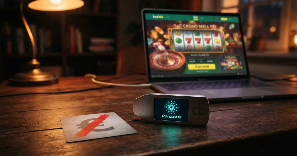 Cartera digital con token ADA frente a una pantalla de casino online y el símbolo del euro tachado