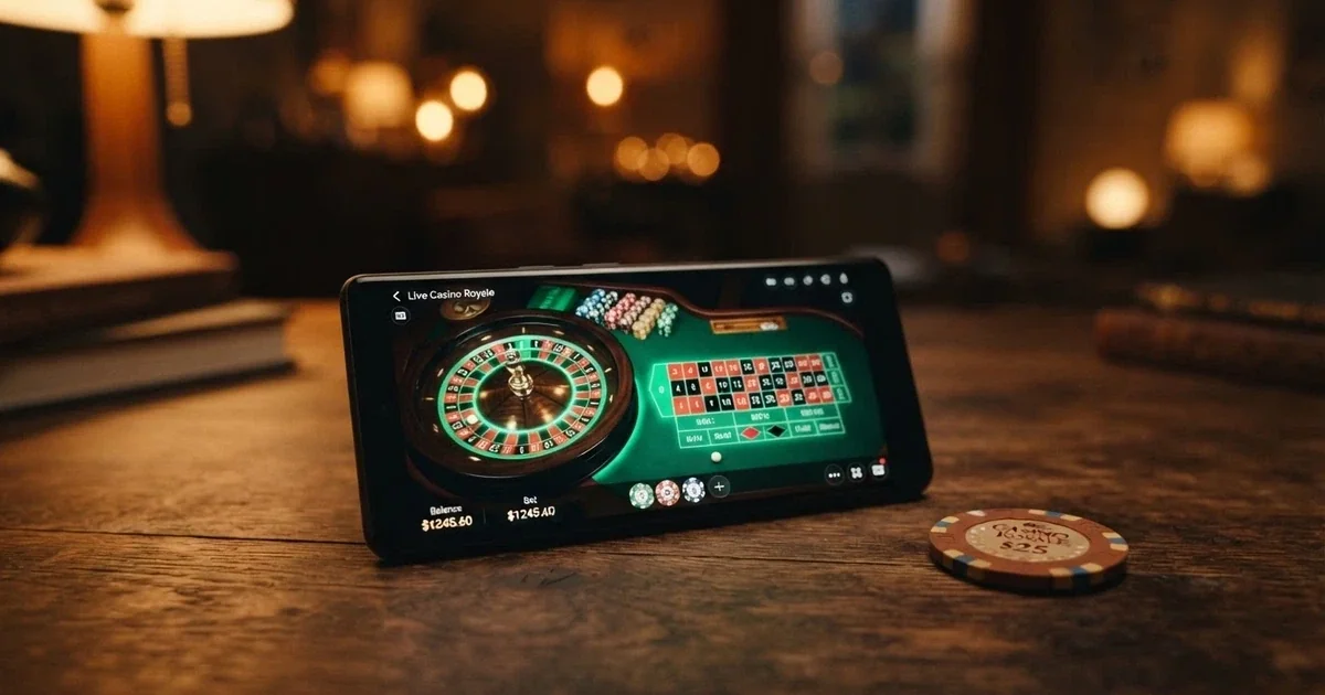 Un monedero digital con el logo de Dogecoin junto a una pantalla que muestra una ruleta de casino online, conectados por una flecha luminosa