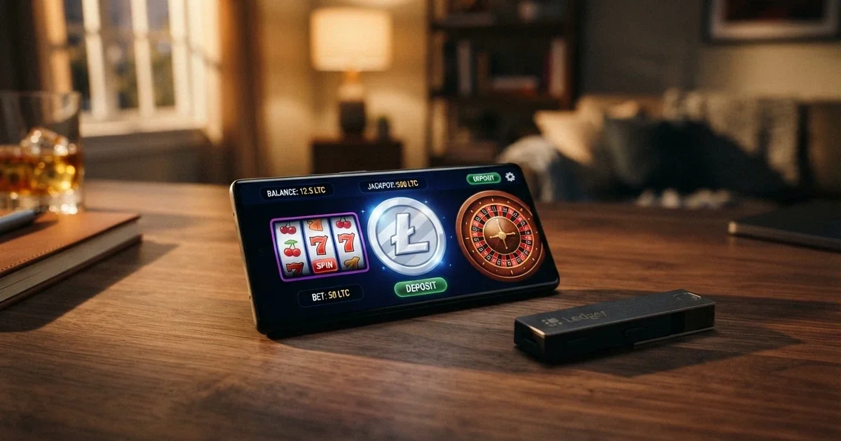 Un monedero de criptomonedas mostrando el logo de Litecoin junto a una interfaz de casino online en una pantalla de ordenador