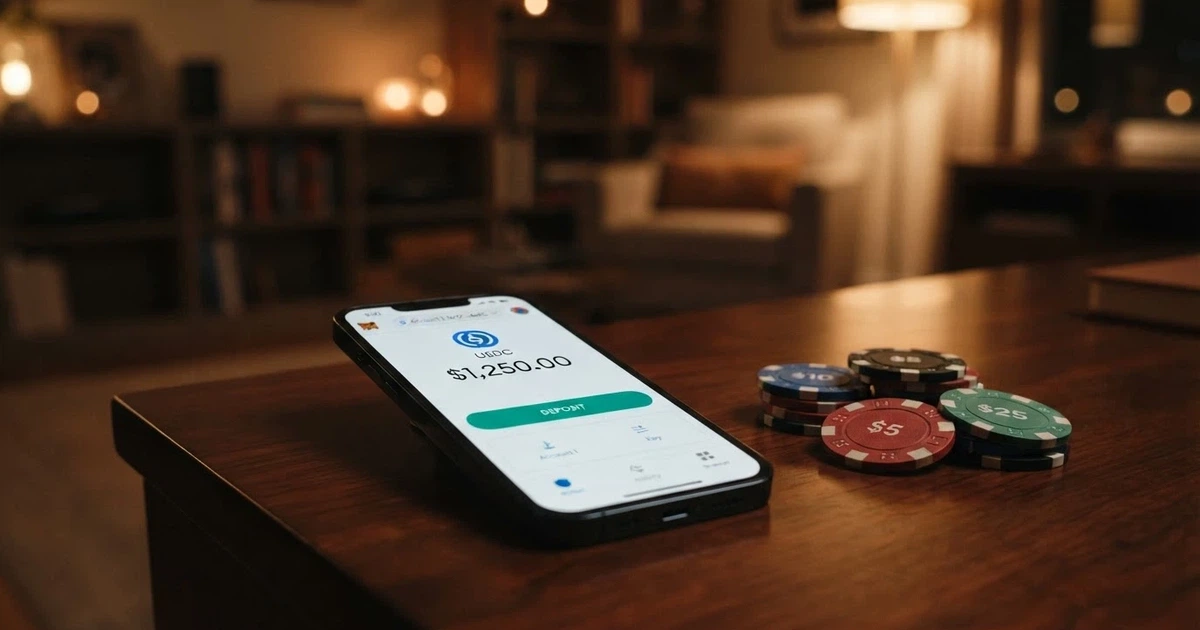 Interfaz de un casino online mostrando la opción de depósito en USDC junto a otras criptomonedas en el cajero virtual