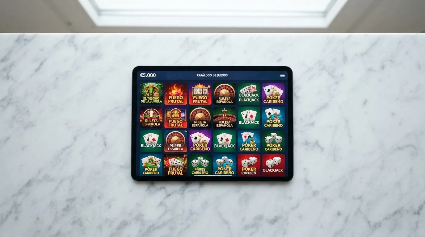 Mosaico de miniaturas de tragaperras, ruleta y blackjack con un saldo ficticio visible en la esquina superior