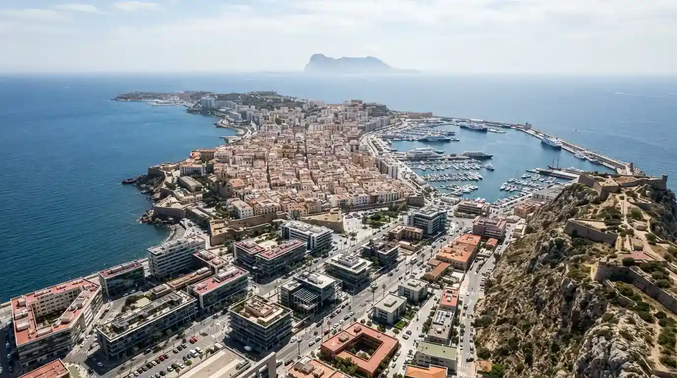 Vista aérea de Ceuta con el estrecho de Gibraltar al fondo, señalando la ubicación de las sedes de operadores como WHG Ceuta S.A.