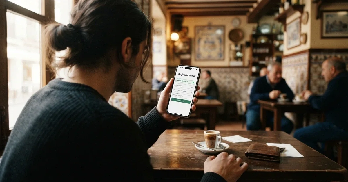 Un jugador consultando en un móvil una pantalla de registro de casino online con un campo para introducir un código promocional