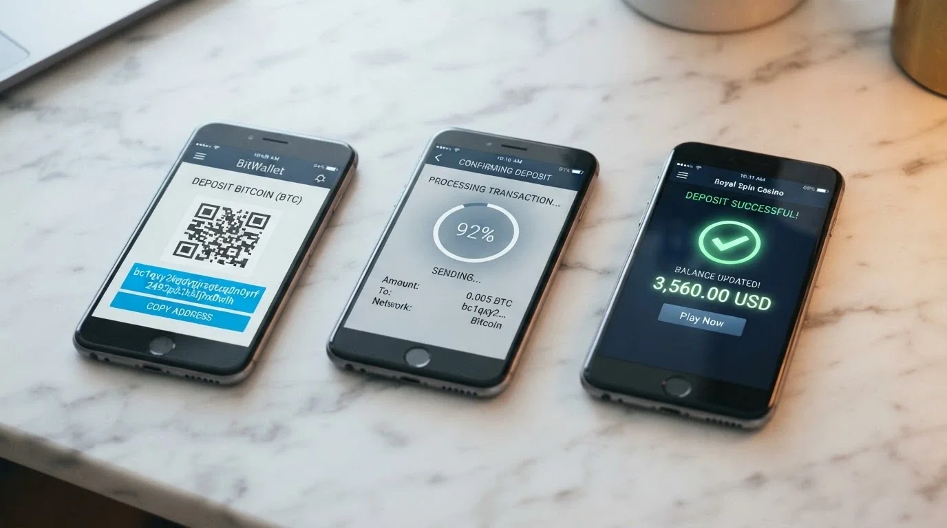 Una secuencia de tres pantallas: wallet con dirección BCH, pantalla de confirmación de envío, y saldo acreditado en el lobby del casino