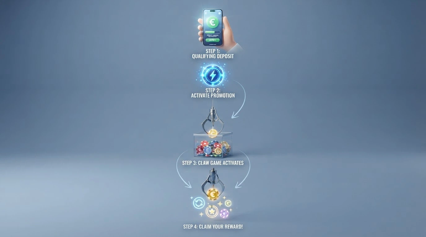 Infografía con los pasos para activar y usar el bonus crab: depósito, activación, garra y premio