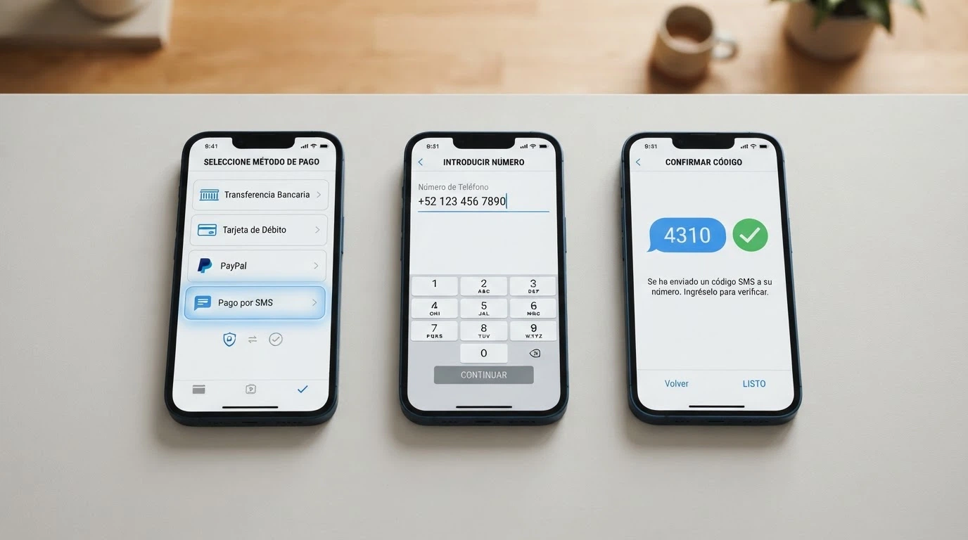 Secuencia de tres pantallas de móvil: selección de SMS como método de pago, introducción del número, código de confirmación recibido