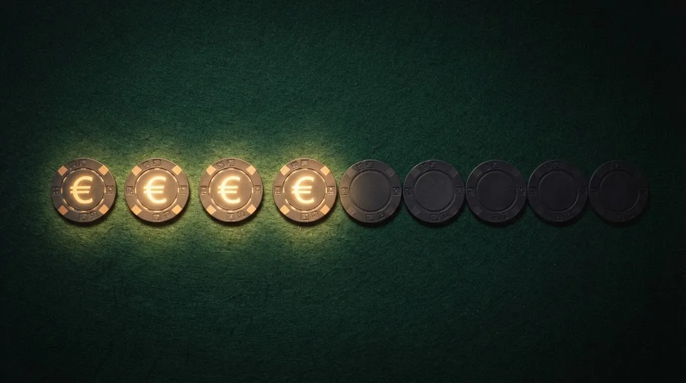 Una vista cenital de una mesa con diez fichas de casino, cuatro de ellas con el símbolo del euro brillando y las otras seis apagadas, representando la división entre los operadores con bono sin depósito real y los que no lo tienen