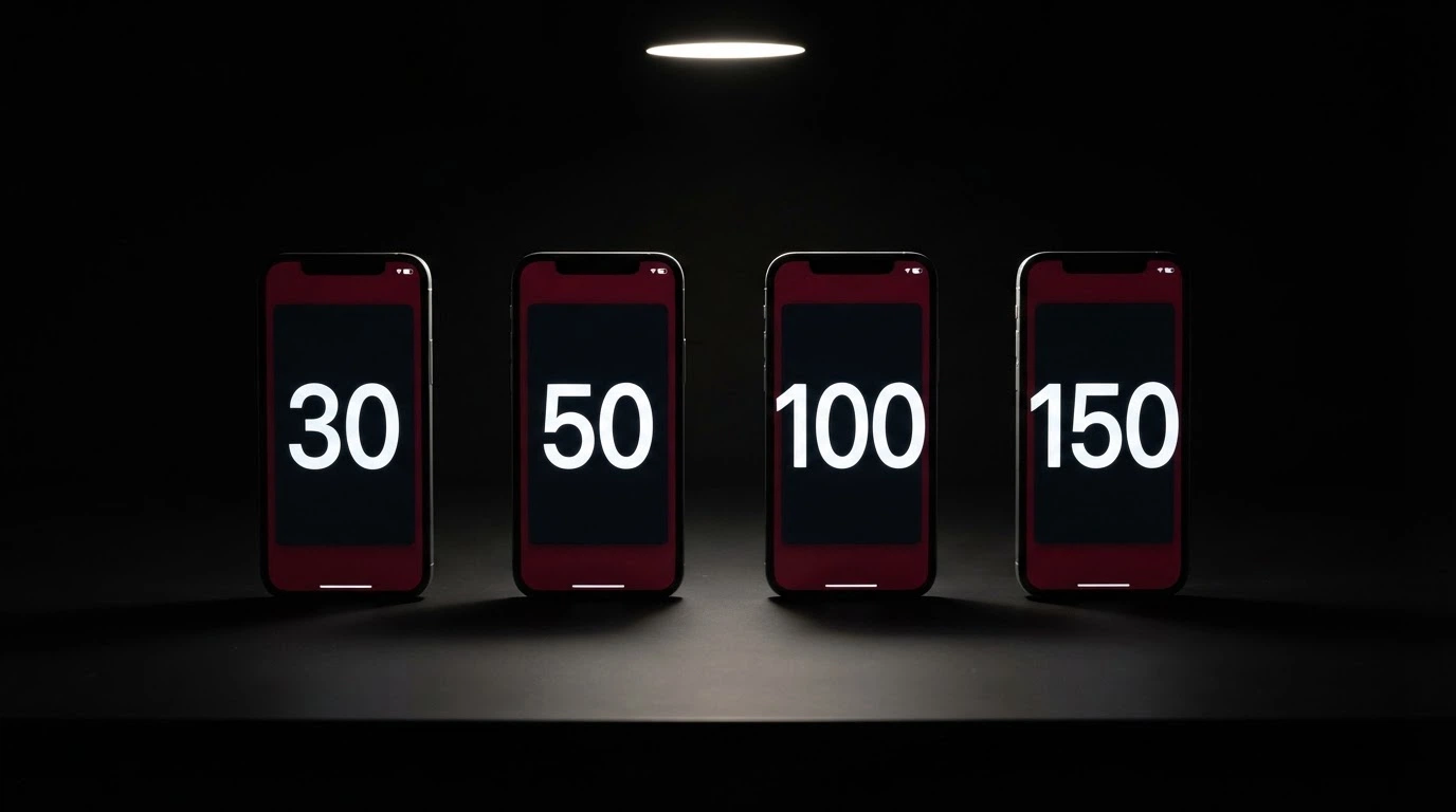 Cuatro teléfonos móviles alineados mostrando cada uno una pantalla de casino con un número distinto de tiradas gratis (30, 50, 100, 150), iluminados por una luz cenital sobre fondo oscuro