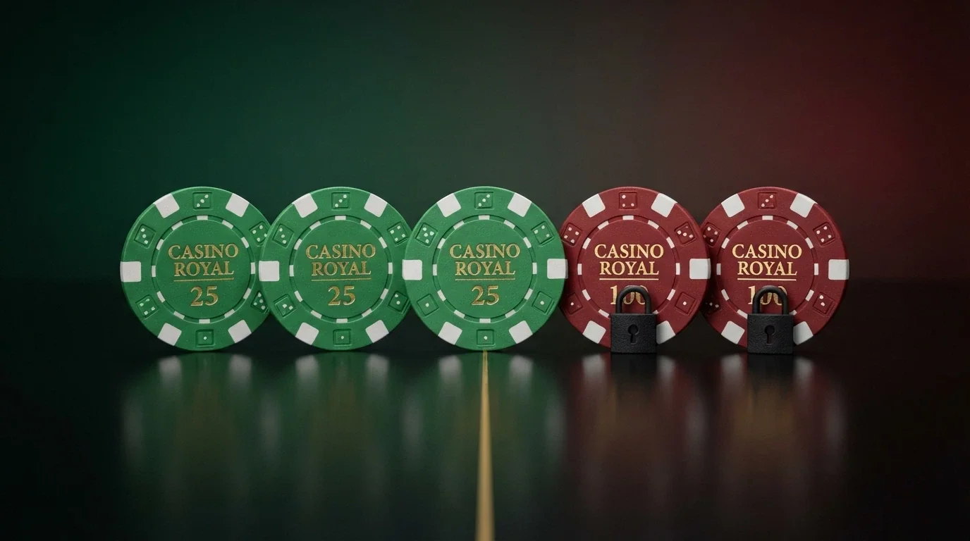 Pantalla dividida con fichas de casino ordenadas en ranking, unas en verde (accesibles desde España) y otras en rojo con un candado (restringidas)