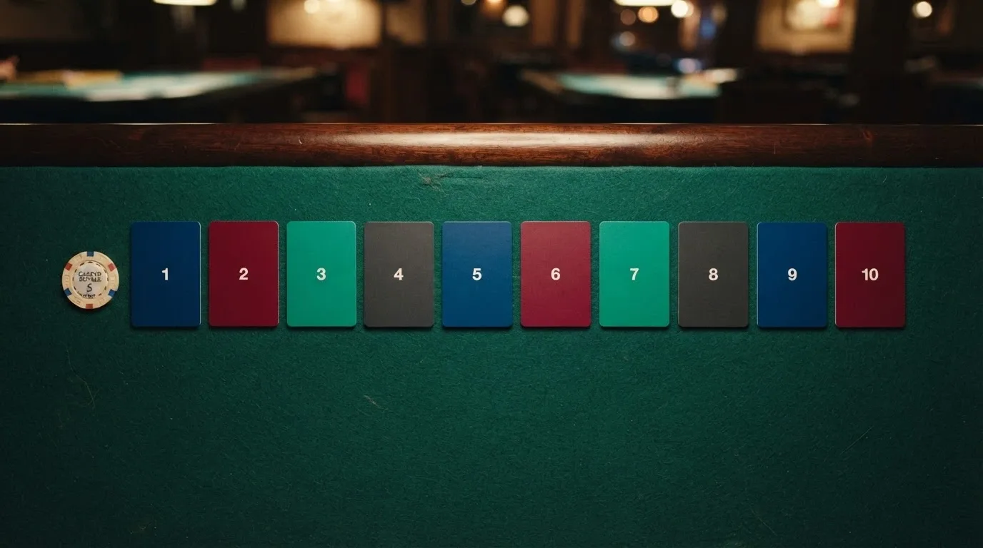 Una fila de diez tarjetas con logotipos de casinos online españoles ordenadas sobre una mesa de juego, con valores de bono visibles en cada una