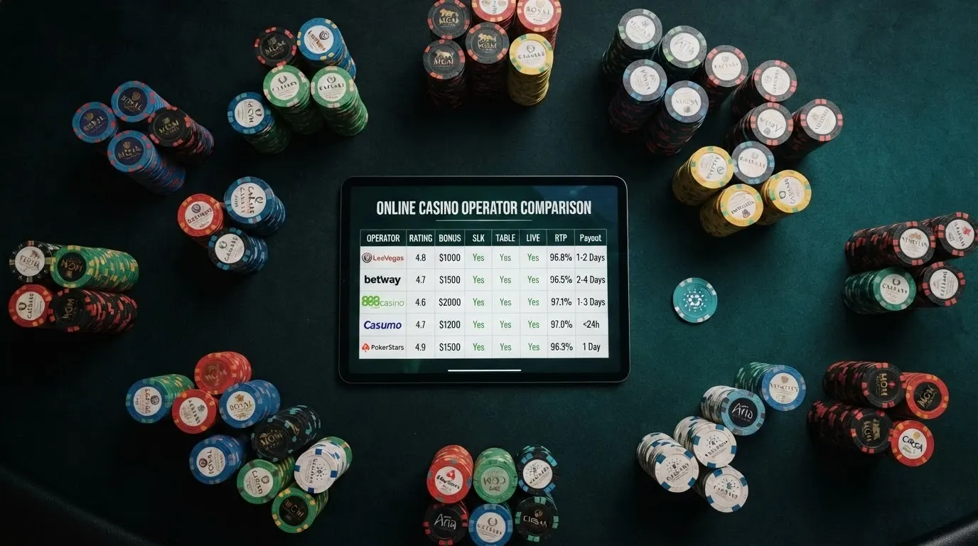 Pantalla dividida con fichas de varios casinos online mostrando logos, cifras de bono y el logo de Cardano