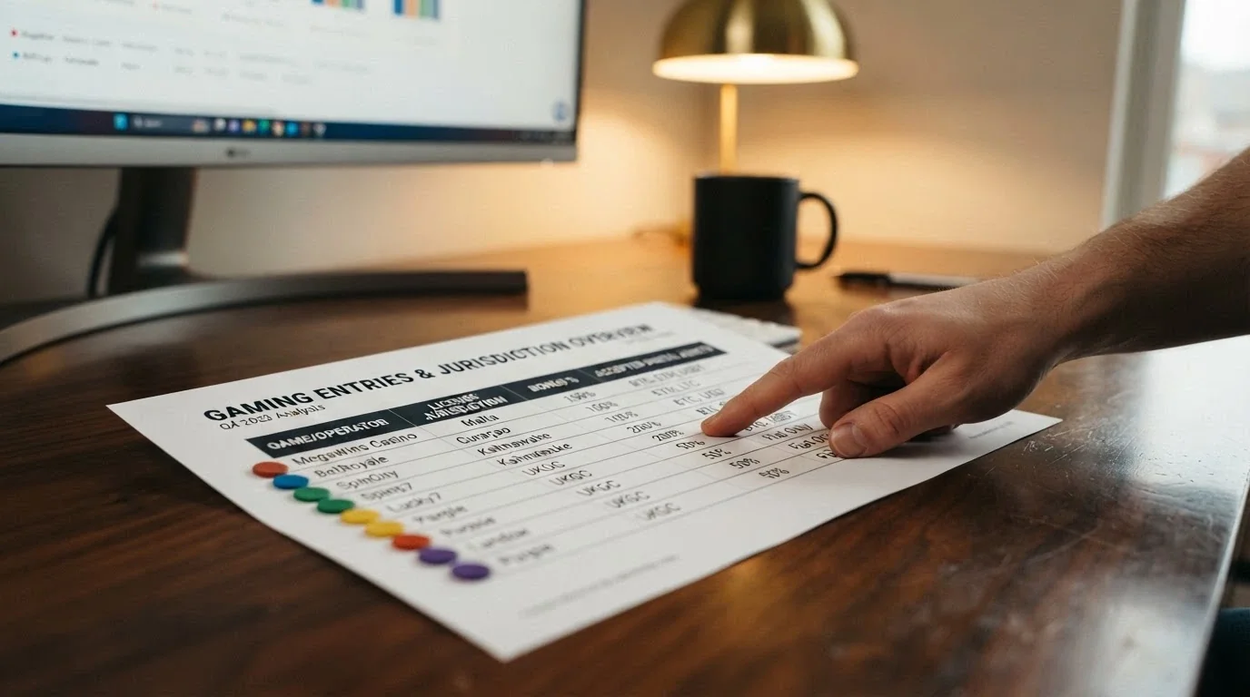 Vista de una tabla comparativa con filas de operadores y columnas de licencia, bono de bienvenida y criptomonedas aceptadas