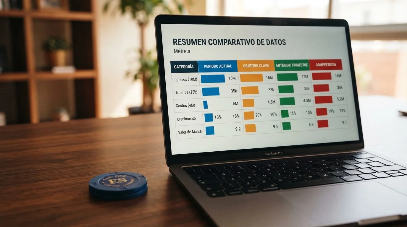 Una tabla comparativa abierta en una pantalla de ordenador con los logotipos de los principales casinos online españoles en columnas