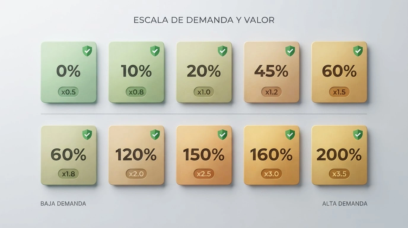 Tabla con diez fichas de operadores de casino online mostrando nombre, porcentaje de bono, cifra de rollover y plazo de validez, ordenados de menor a mayor exigencia