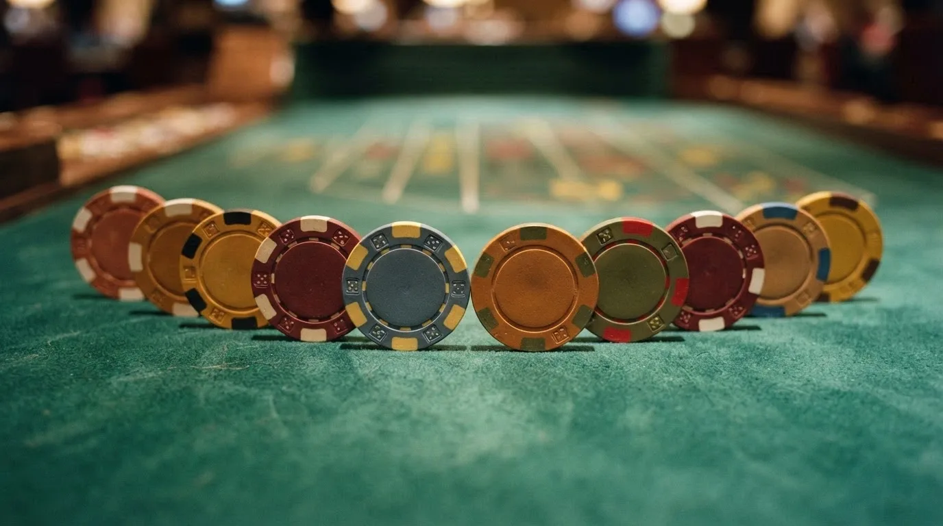 Una fila de diez fichas de casino con el logo de Dogecoin grabado, colocadas sobre un tapete verde como en una mesa de juego
