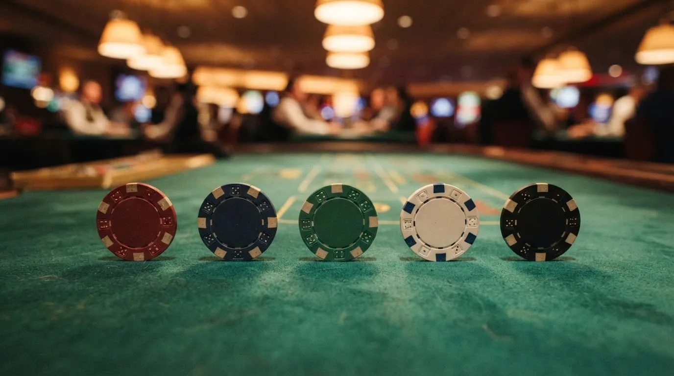 Varias fichas de casino alineadas sobre una mesa, cada una con el logotipo de un operador español y un valor de bono distinto