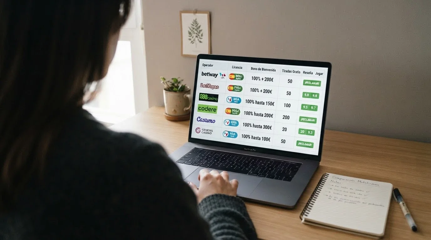 Interfaz de una tabla comparativa con logotipos y datos de licencia, bono y juegos de varios casinos online