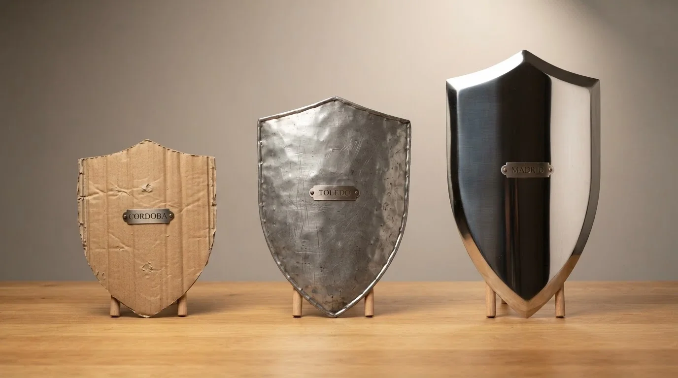 Tres escudos de distinto tamaño y material — uno de cartón, uno de chapa y uno de acero — alineados sobre una mesa con las etiquetas Anjouan, Curaçao y Malta