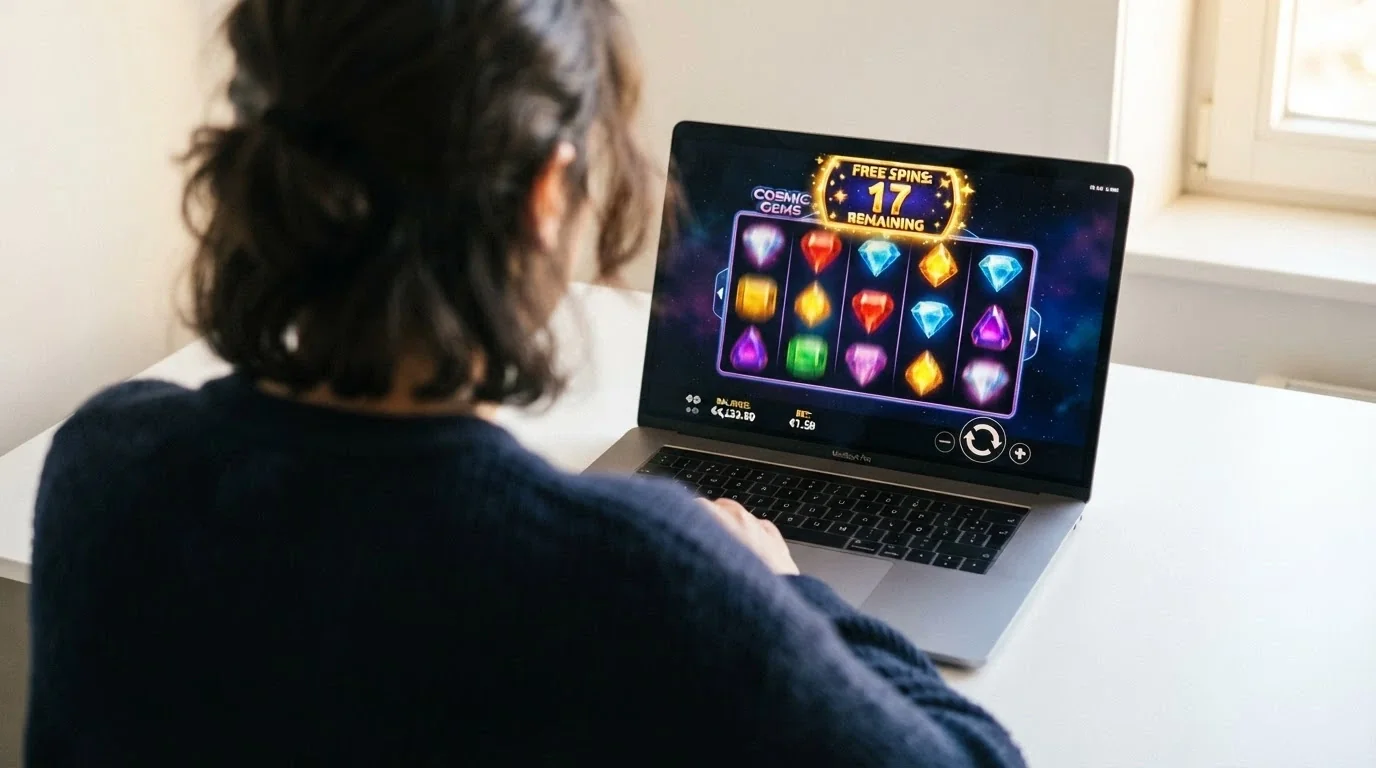 Interfaz de una tragaperras online con el contador de tiradas gratis activo en la pantalla