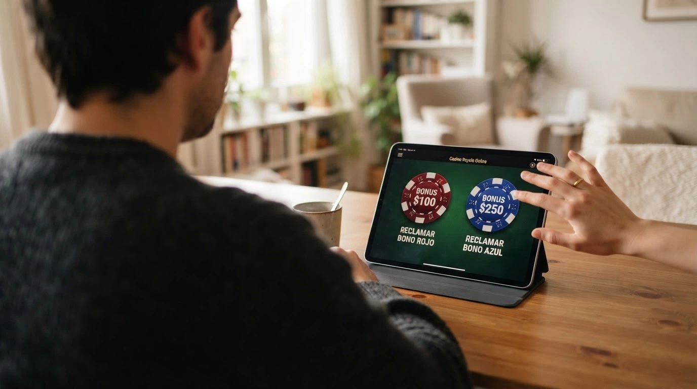 Jugador frente a una pantalla comparando dos fichas de casino en una tableta con gesto de decisión