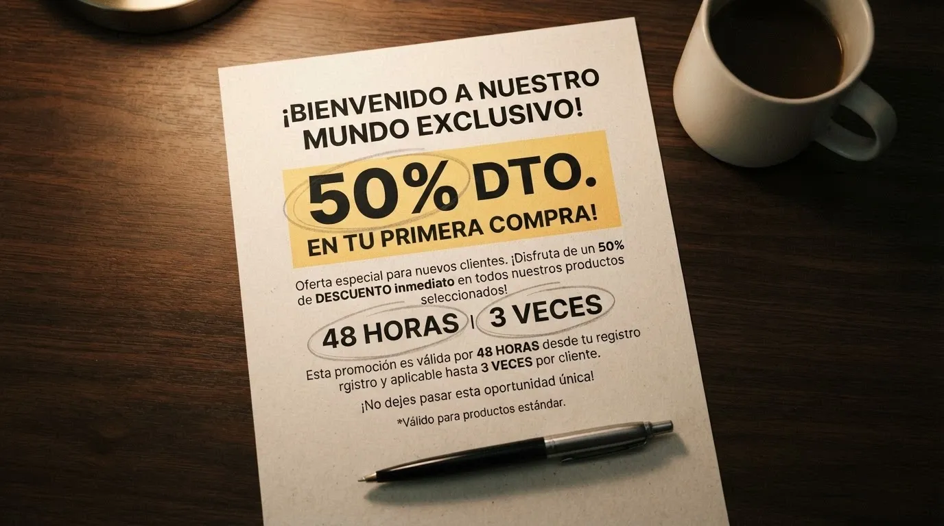 Primer plano de los términos y condiciones de una oferta de bienvenida con el rollover y la vigencia destacados