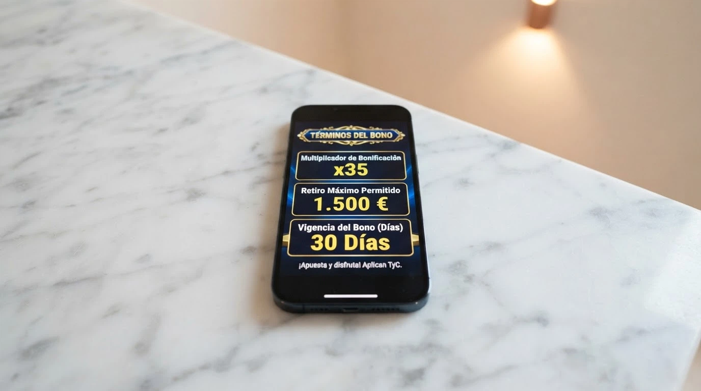 Listado de condiciones de un bono sin depósito —rollover, ganancia máxima y vigencia— en la pantalla de un casino online español