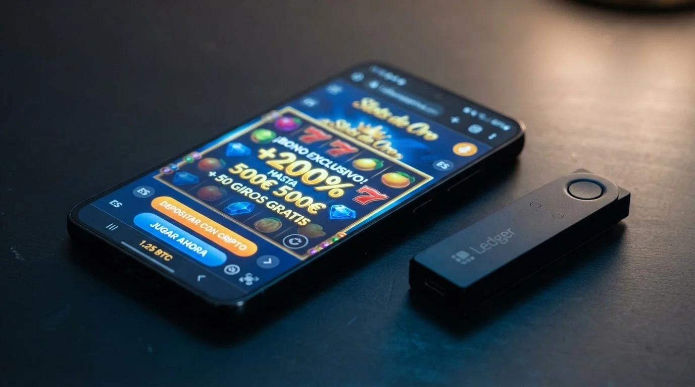 Cartera digital de criptomonedas en la pantalla de un móvil junto a una interfaz de casino online con cifras de bono destacadas