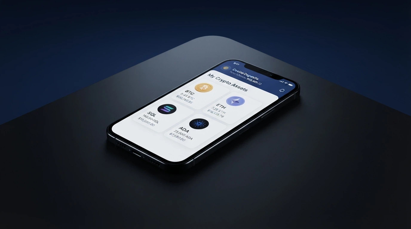 Cartera digital mostrando saldos en Bitcoin, Ethereum, USDT, Litecoin y Solana, con iconos reconocibles de cada criptomoneda