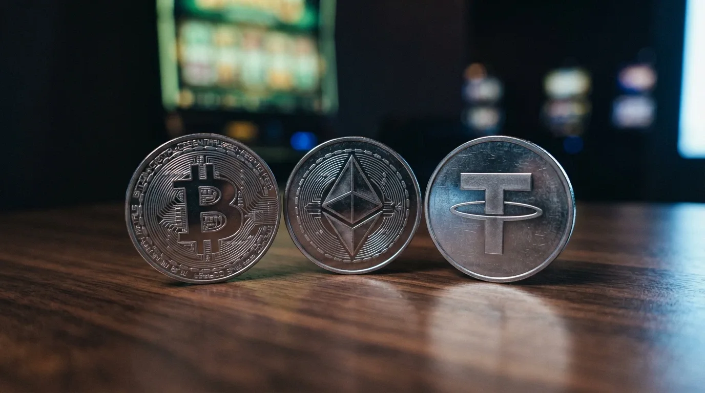 Monedas físicas de Bitcoin, Ethereum y USDT alineadas sobre una mesa oscura, con el reflejo de una pantalla de casino difuminada al fondo. Sin manos ni personas.