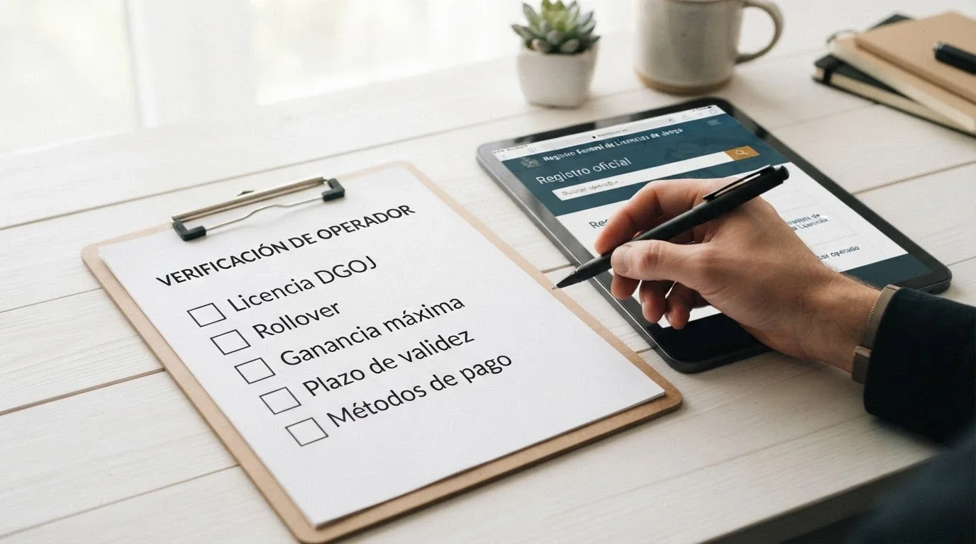 Una lista de verificación sobre un escritorio con los criterios de evaluación — licencia DGOJ, rollover, ganancia máxima, plazo de validez — y una tableta mostrando el registro oficial de ordenacionjuego.es