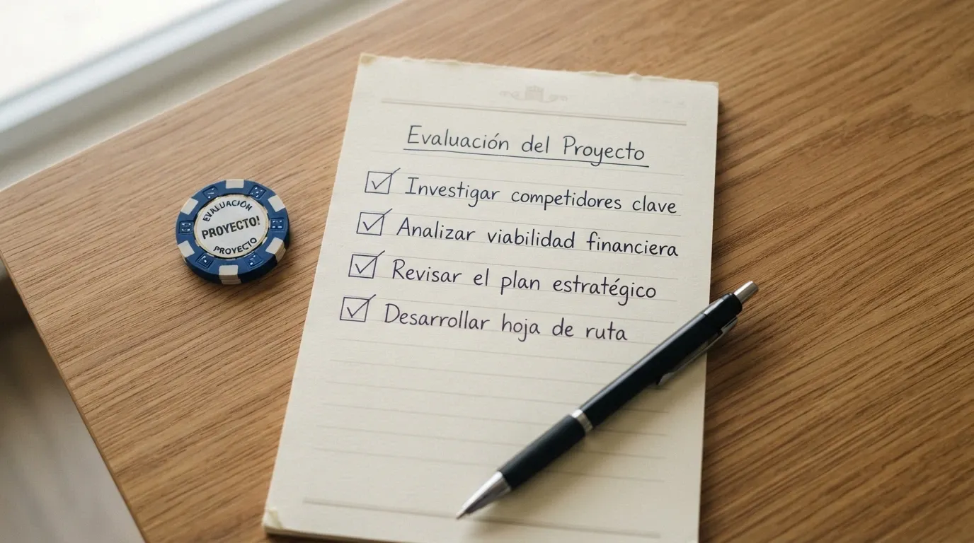 Lista de verificación manuscrita con los criterios de evaluación: licencia DGOJ, slots Hacksaw, bono, herramientas de juego responsable