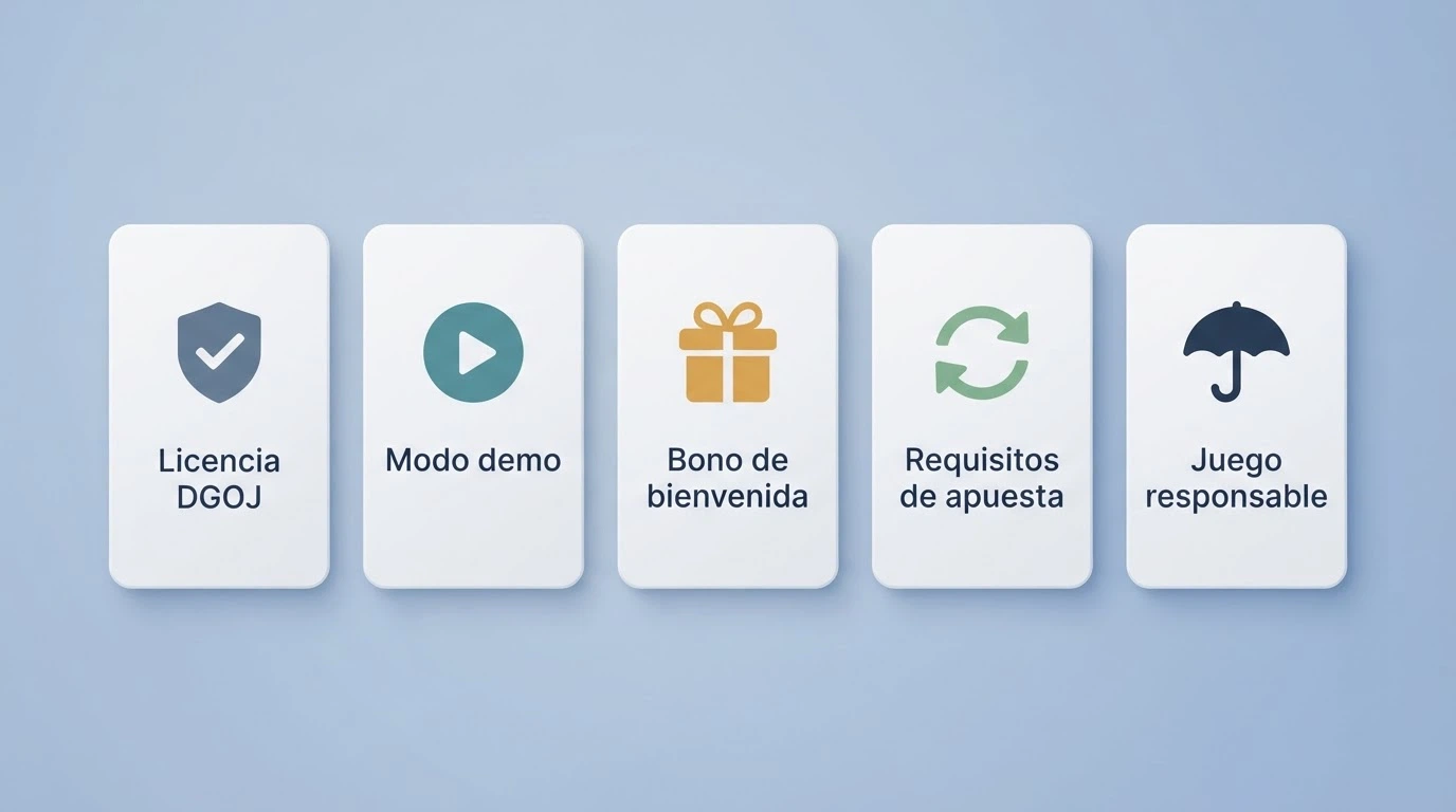 Lista de criterios de evaluación: licencia DGOJ y dominio .es, modo demo disponible, bono de bienvenida, requisitos de apuesta y herramientas de juego responsable
