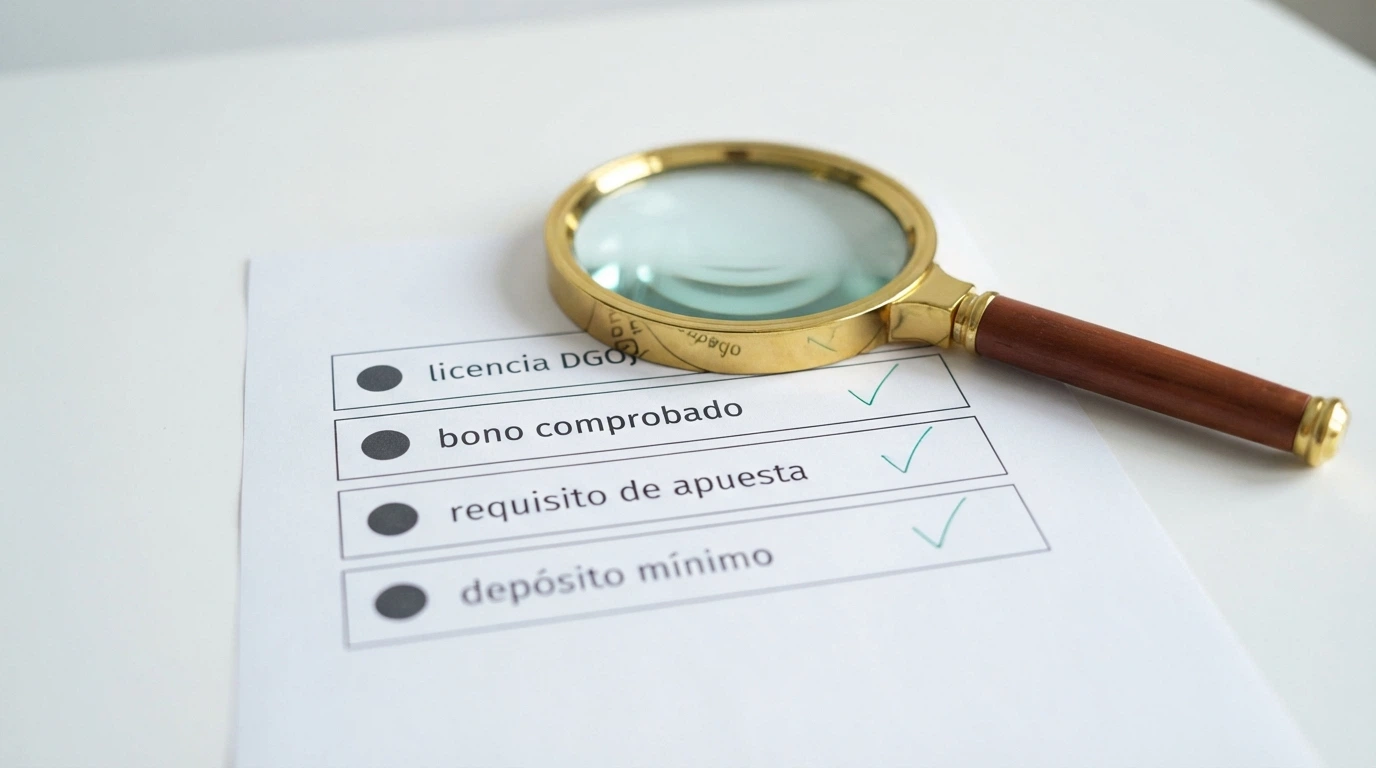 Una lupa sobre una lista de verificación que incluye «licencia DGOJ», «bono comprobado», «requisito de apuesta» y «depósito mínimo», con marcas de verificación en todas las casillas