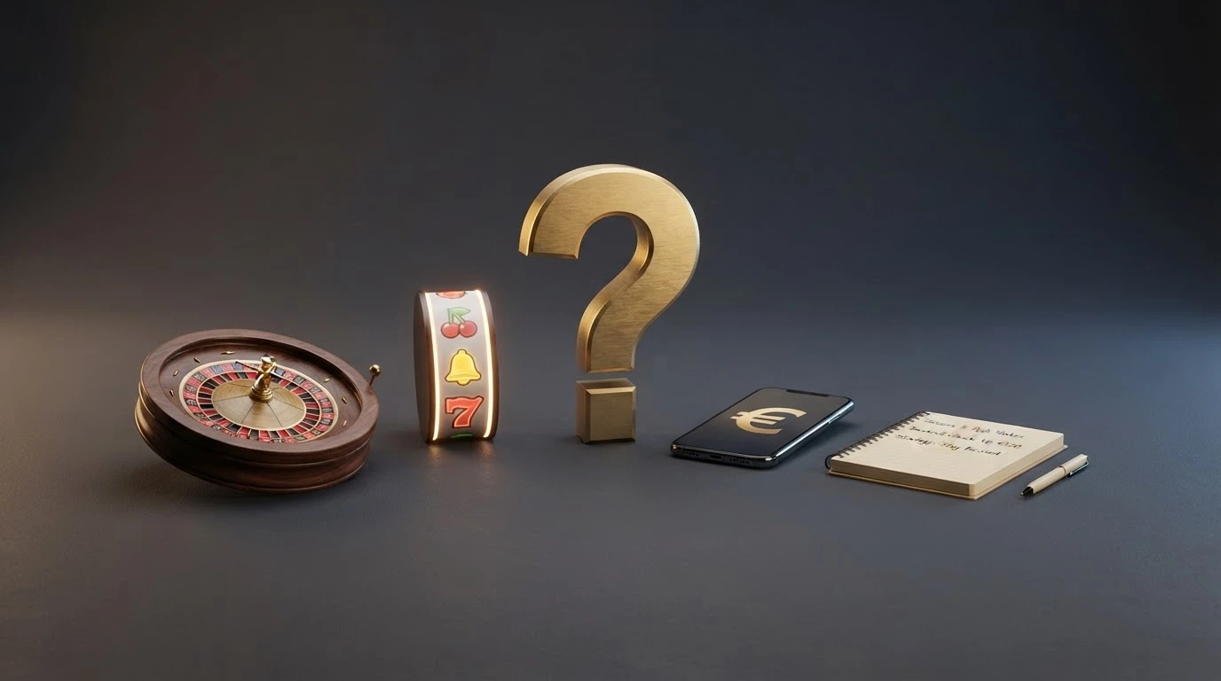 Cuatro siluetas de jugadores con distintos estilos — uno ante una ruleta en vivo, otro ante una slot, un tercero consultando el móvil con poco presupuesto y un cuarto estudiando términos legales — convergen hacia un signo de interrogación con el símbolo del 200%