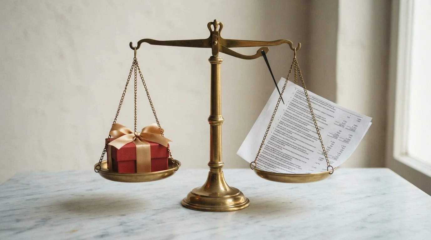 Una balanza con un regalo de cumpleaños en un platillo y una tabla de condiciones en el otro