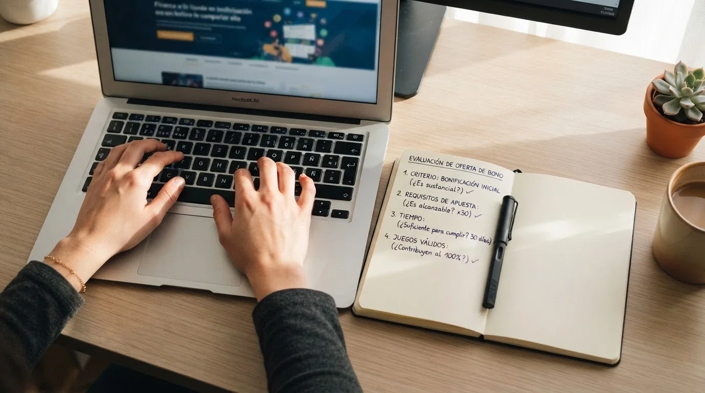 Un primer plano de unas manos escribiendo en un teclado, con una libreta al lado donde se ven anotados cuatro criterios: rollover, ganancia máxima, plazo y licencia DGOJ