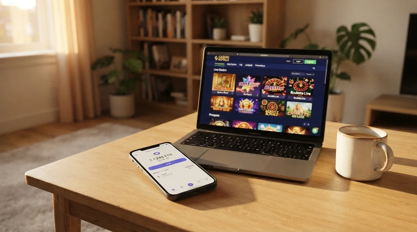 Un teléfono móvil mostrando una wallet de TRON junto a un ordenador con un casino online abierto, y una taza de café al lado