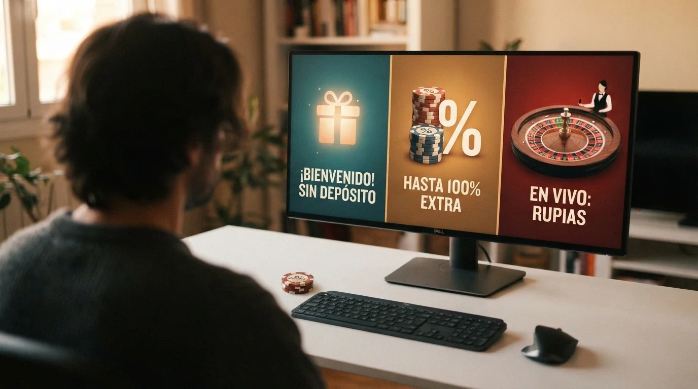 Jugador ante una pantalla dividida en tres paneles que representan los tres perfiles de juego: sin depósito, primer depósito y casino en vivo