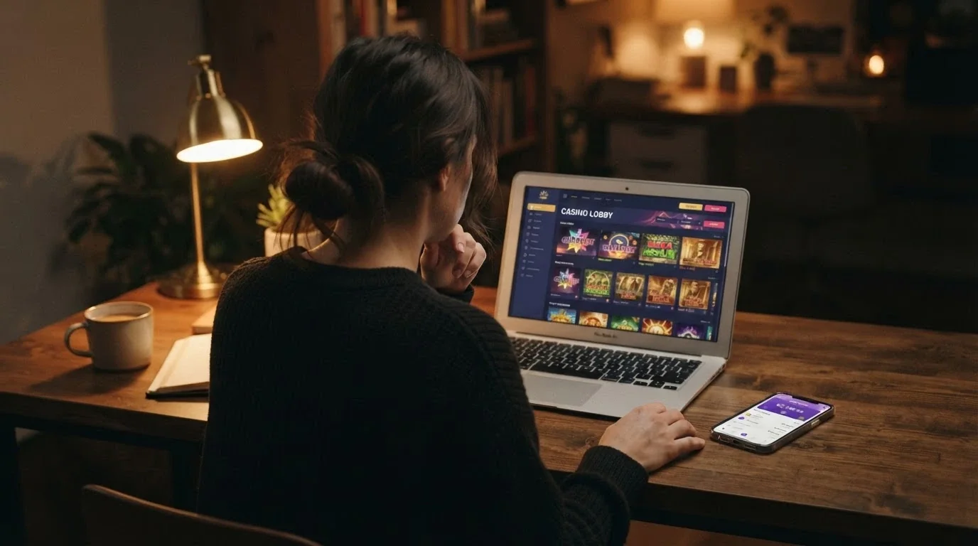 Jugador sentado frente a un portátil con la wallet Phantom en el móvil al lado, evaluando la pantalla de un casino online