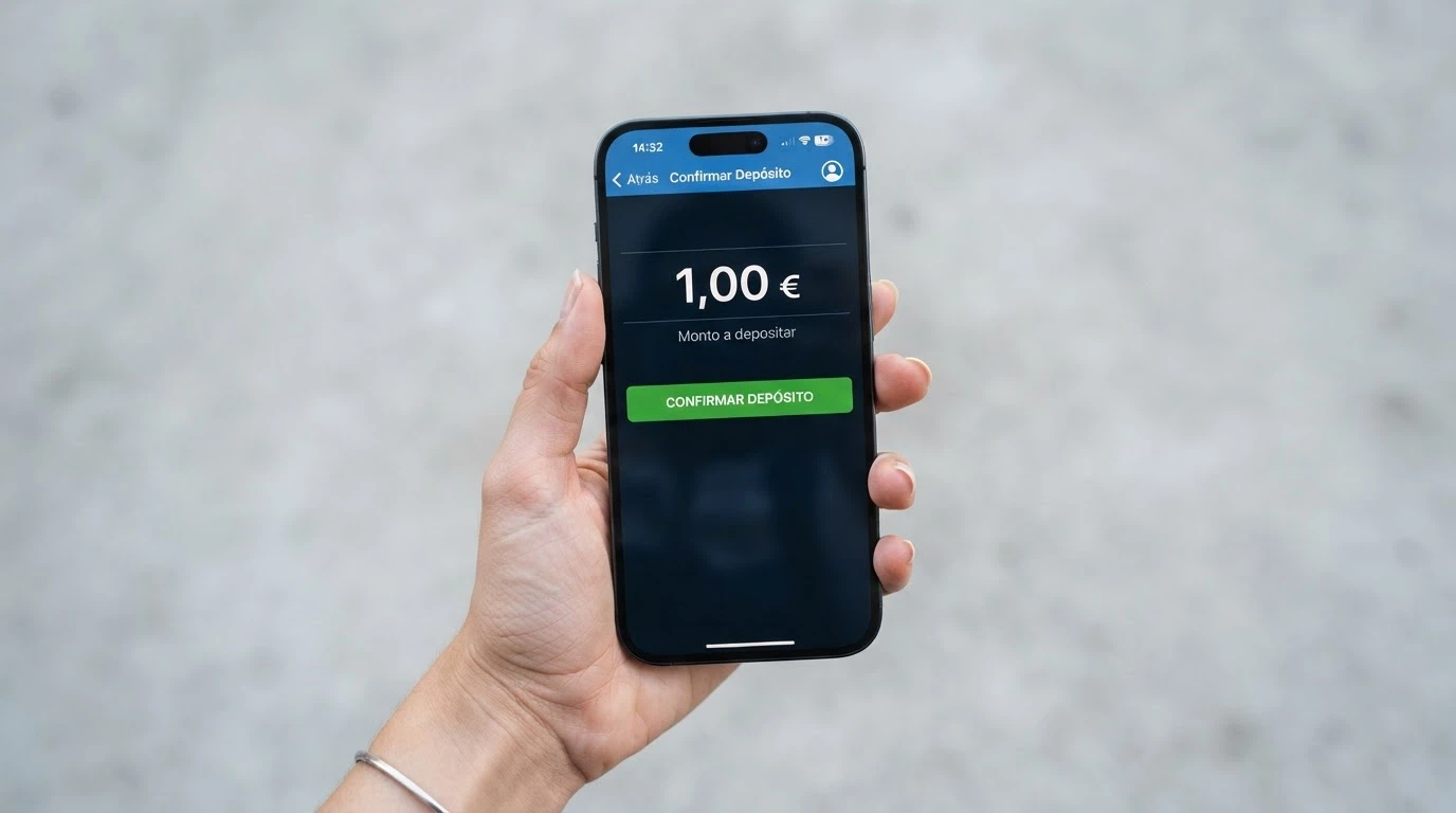 Mano sosteniendo un teléfono móvil con la pantalla de cajero de un casino online, el campo de importe muestra «1,00 €» y el botón de confirmar depósito está activo