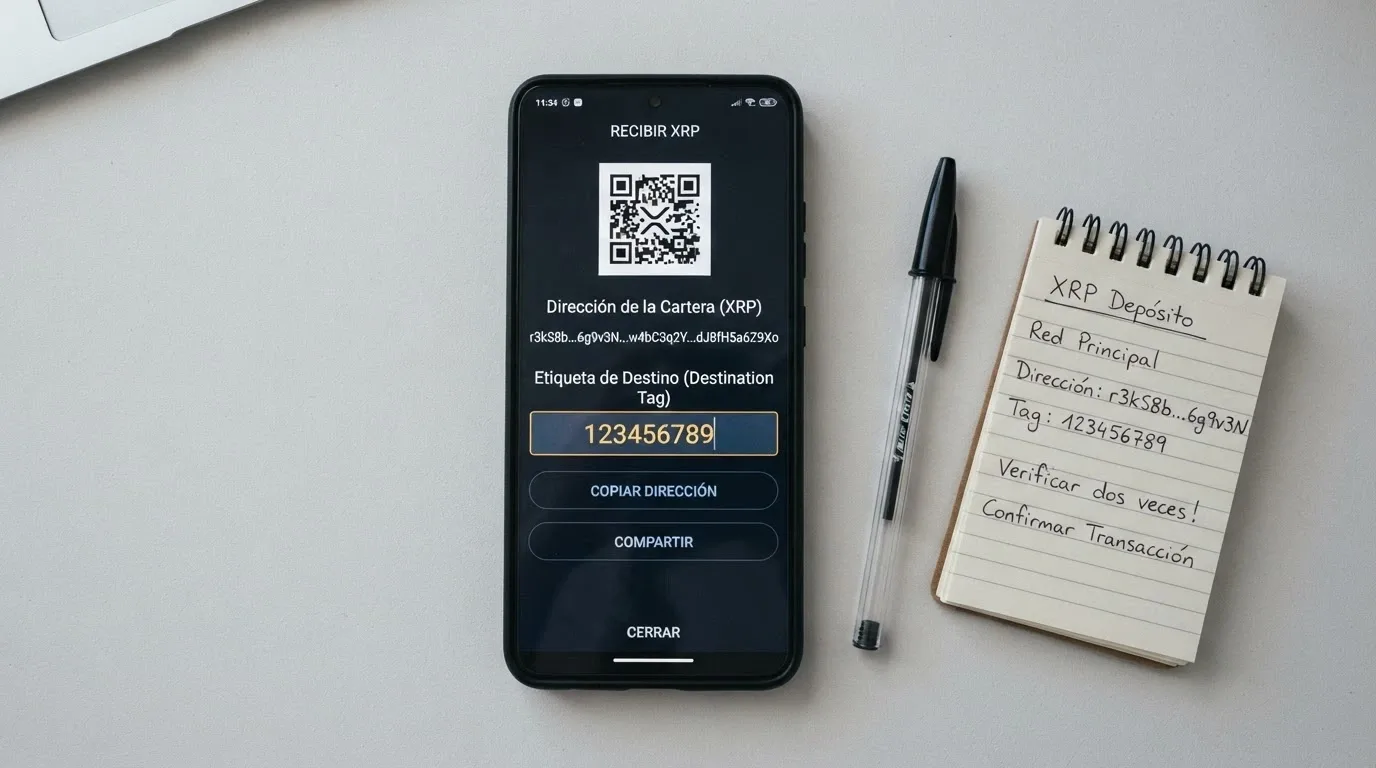 Pantalla de depósito de un casino online mostrando la dirección XRP y el campo de destination tag