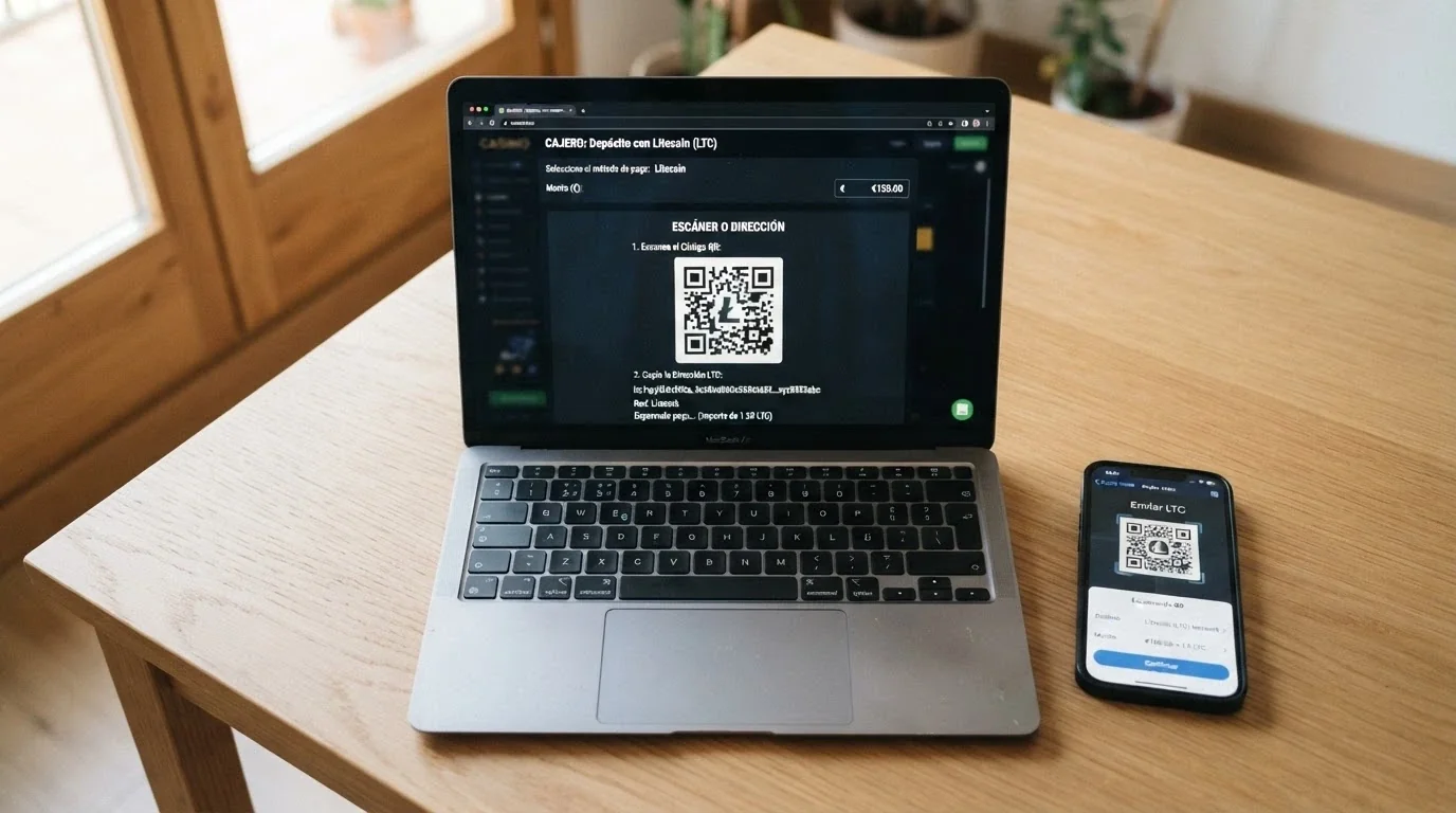 La pantalla de cajero de un casino online mostrando una dirección de depósito en Litecoin y un código QR junto a un teléfono móvil