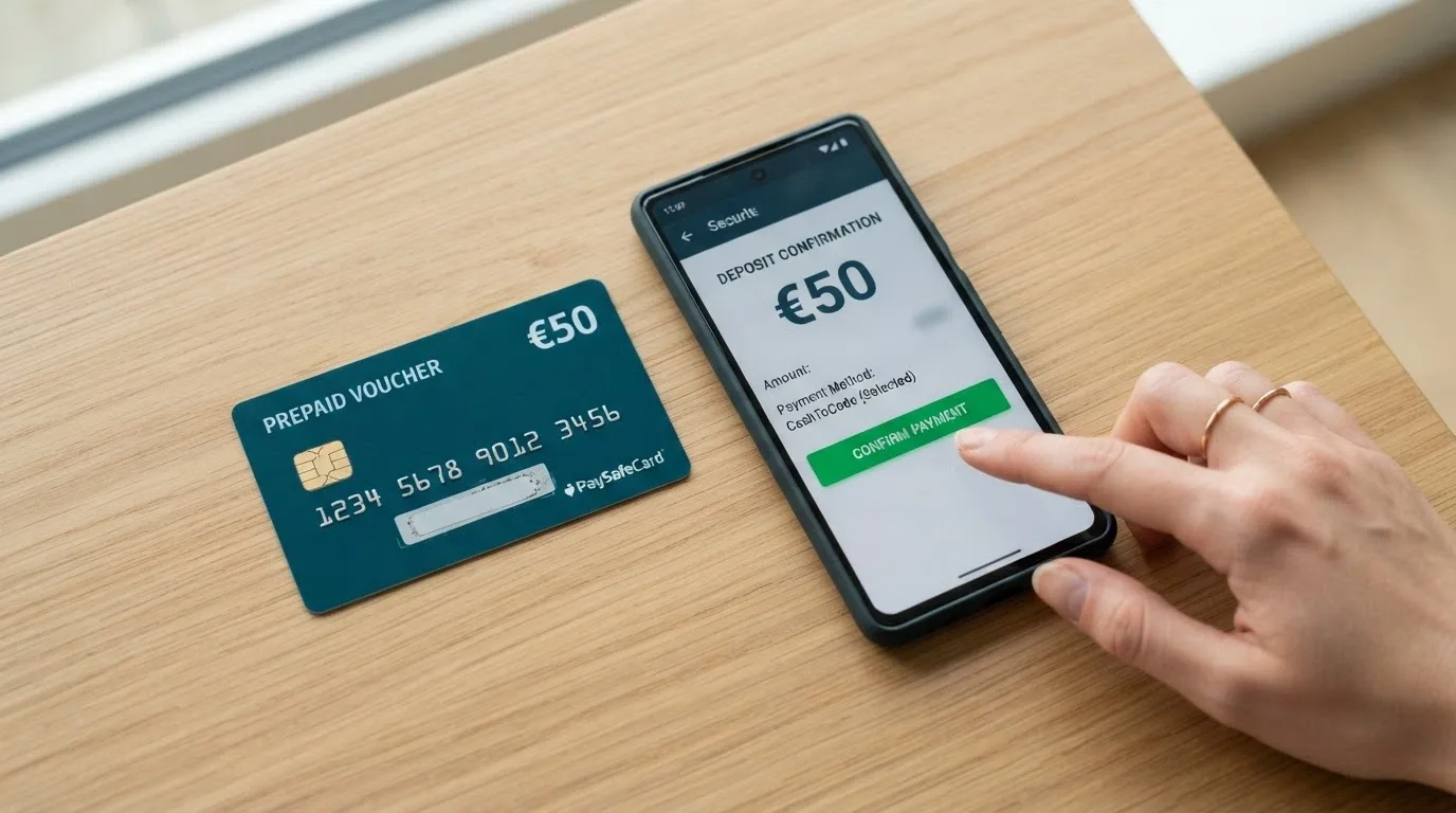 Tarjeta Paysafecard con su PIN de 16 dígitos junto a la pantalla de depósito de un casino online