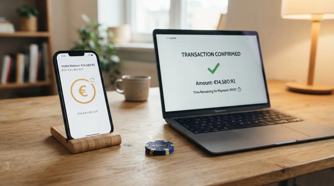 Un monedero de criptomonedas junto a la interfaz de cajero de un casino online, con una flecha de ida y vuelta y un cronómetro marcando 10 minutos