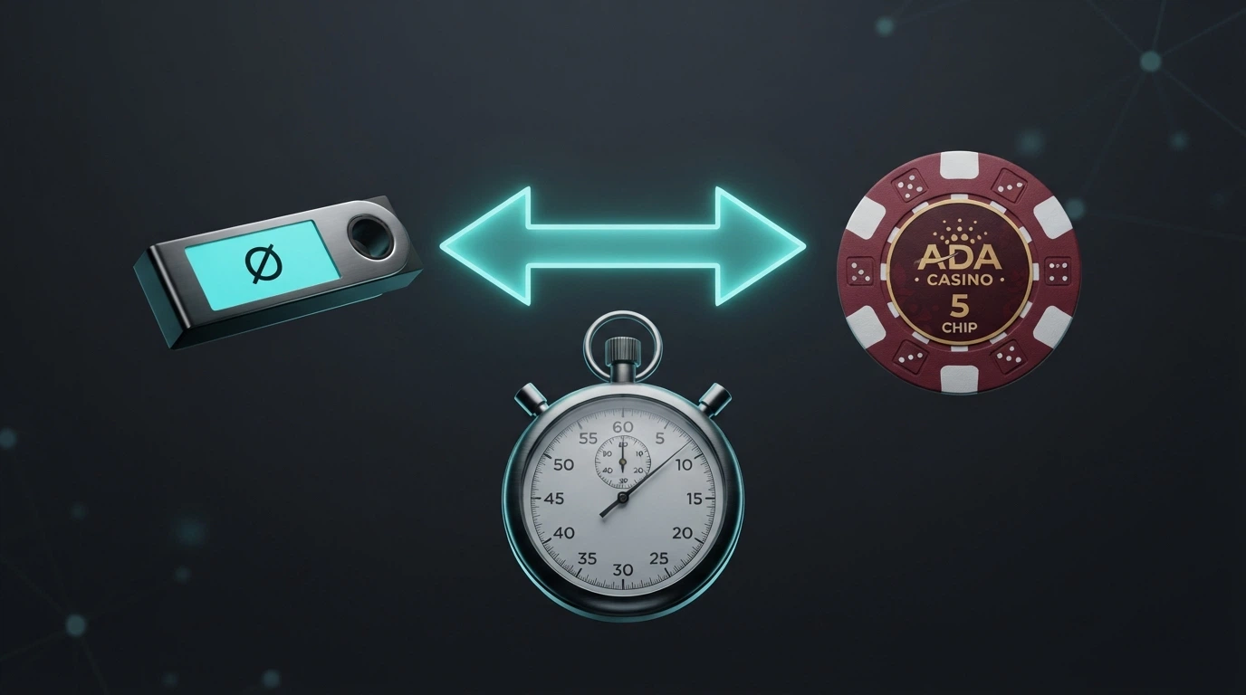 Flecha de ida y vuelta entre un monedero Cardano y una ficha de casino, con un cronómetro marcando segundos